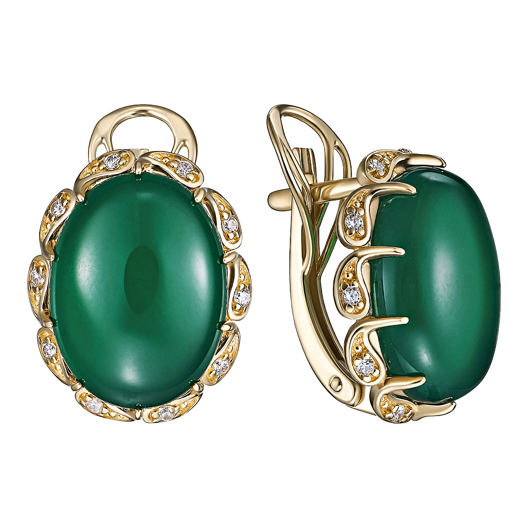 Серебряные серьги 925 пробы; вставки 2 Агат нат.; 20 Фианит бесцв.;