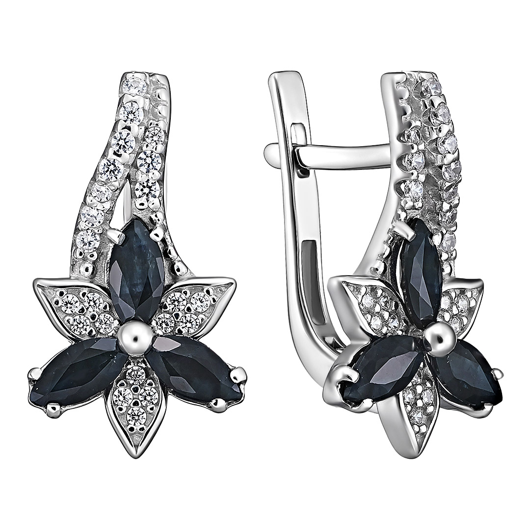 Серебряные серьги 925 пробы; вставки 44 Фианит бесцв.; 6 Сапфир 1,18 U/2