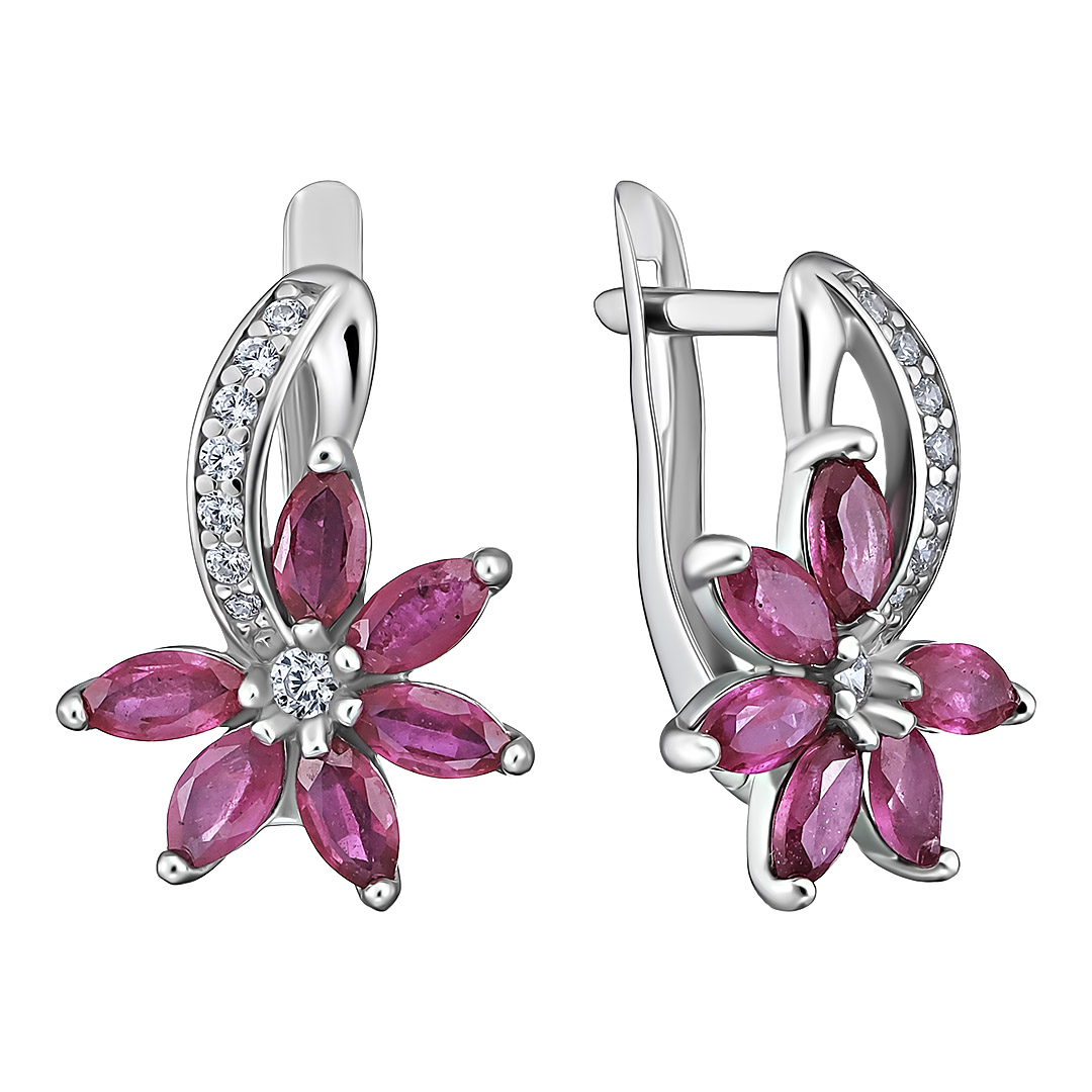 Серебряные серьги 925 пробы; вставки 16 Фианит бесцв.; 12 Рубин 2,38 F/2