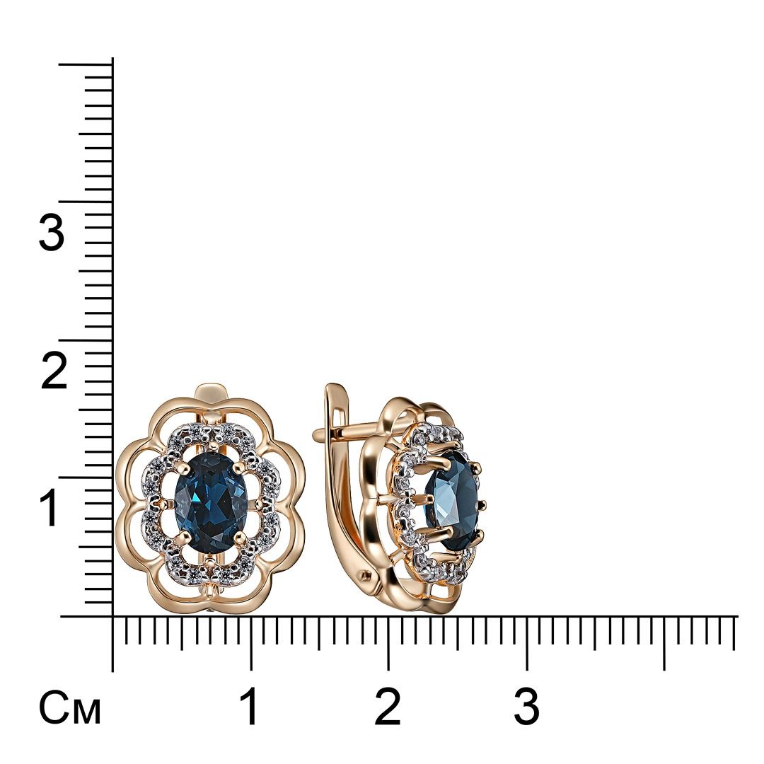 Серебряные серьги 925 пробы; вставки 2 Топаз Лондон; 32 Фианит бесцв.;