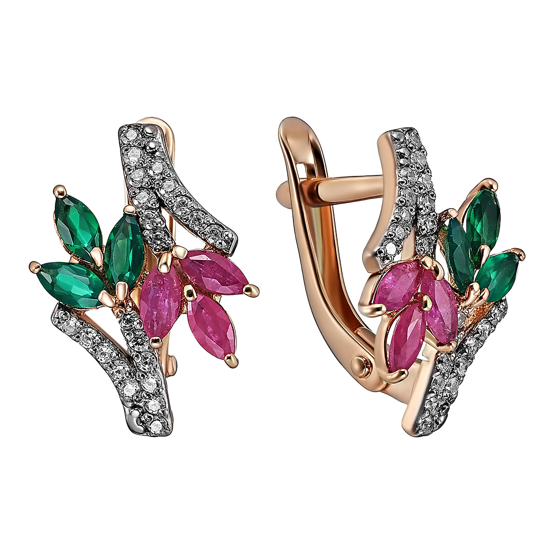 Серебряные серьги 925 пробы; вставки 6 Рубин U/2 0,540; 6 Агат; 44 Фианит бесцв.;