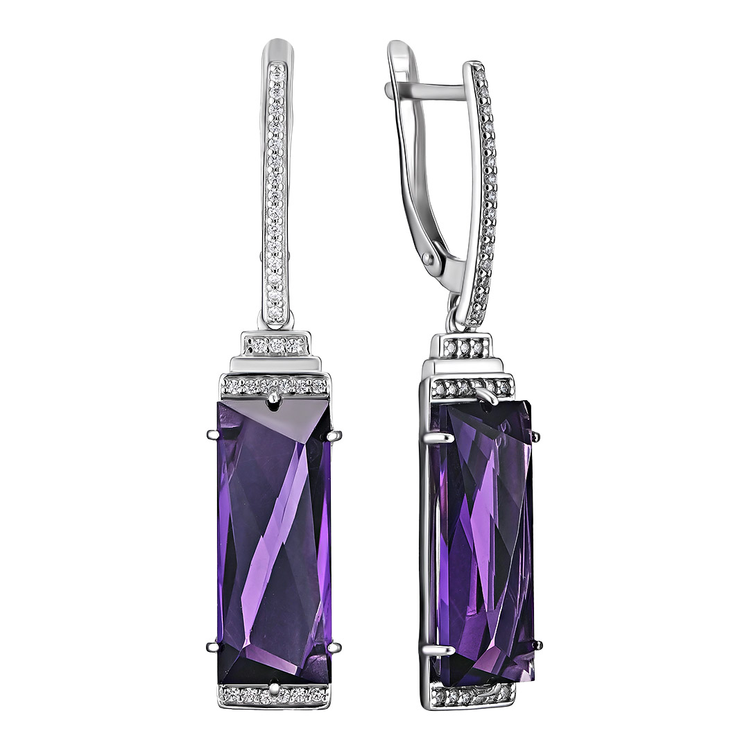 Серебряные серьги 925 пробы; вставки 2 Аметист; 60 Фианит бесцв.;