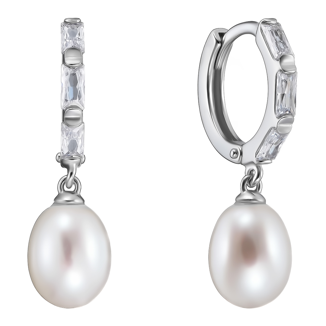 Серебряные серьги 925 пробы; вставки 2 Жемчуг преснов. культ. бел.; 6 Фианит бесцв.;