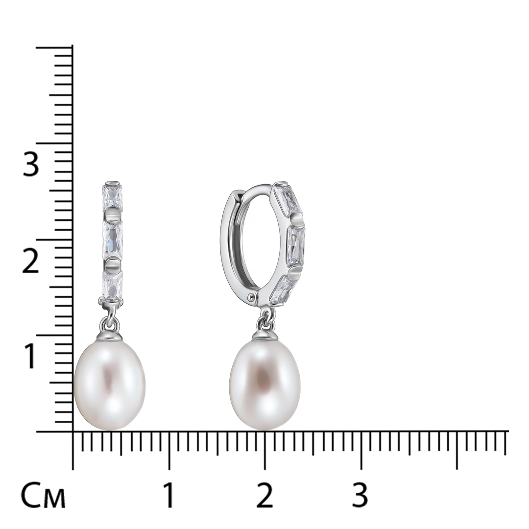 Серебряные серьги 925 пробы; вставки 2 Жемчуг преснов. культ. бел.; 6 Фианит бесцв.;