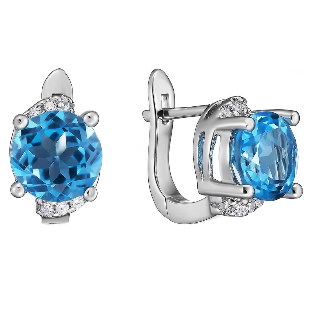 Серебряные серьги 925 пробы; вставки 2 Топаз swiss; 6 Фианит бесцв.;