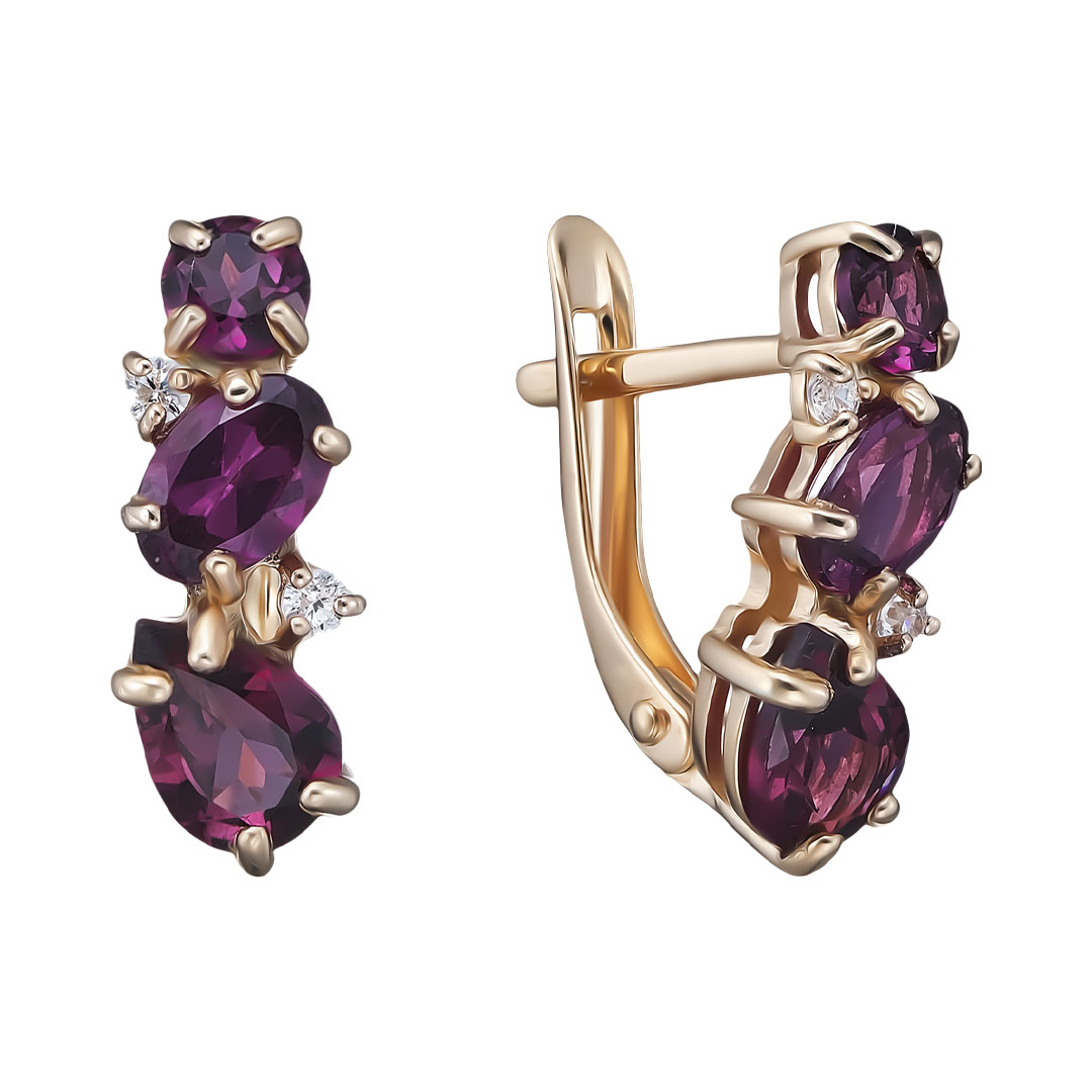 Серебряные серьги 925 пробы; вставки 6 Родолит; 4 Фианит бесцв.;