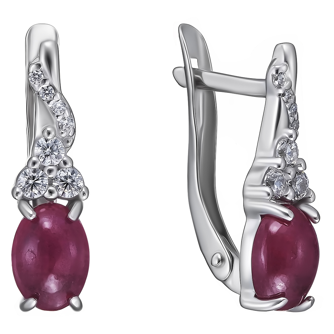 Серебряные серьги 925 пробы; вставки 14 Фианит бесцв.; 2 Рубин 2,7 F/2