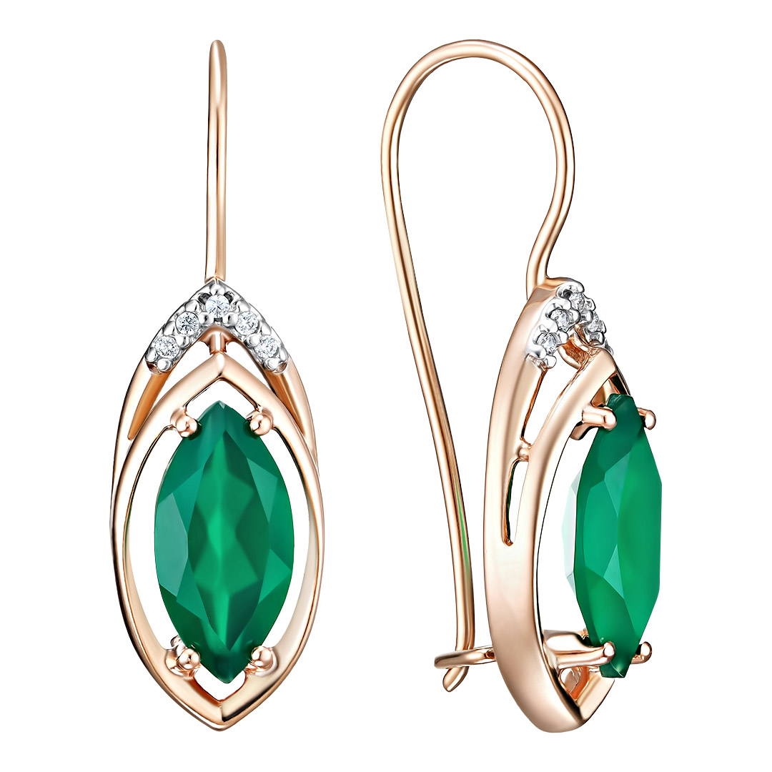 Серебряные серьги 925 пробы; вставки 2 Агат зеленый; 10 Фианит бесцв.;