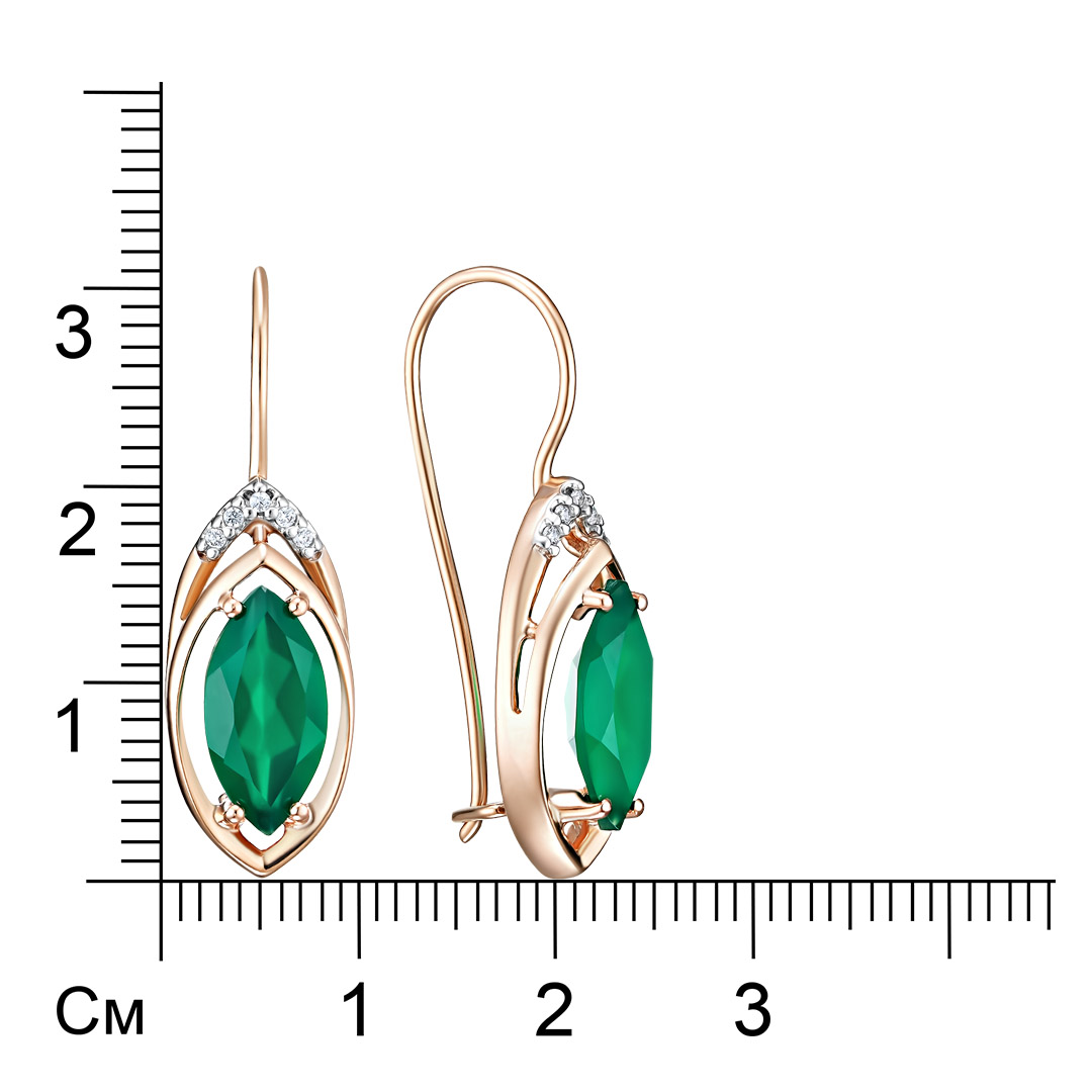 Серебряные серьги 925 пробы; вставки 2 Агат зеленый; 10 Фианит бесцв.;