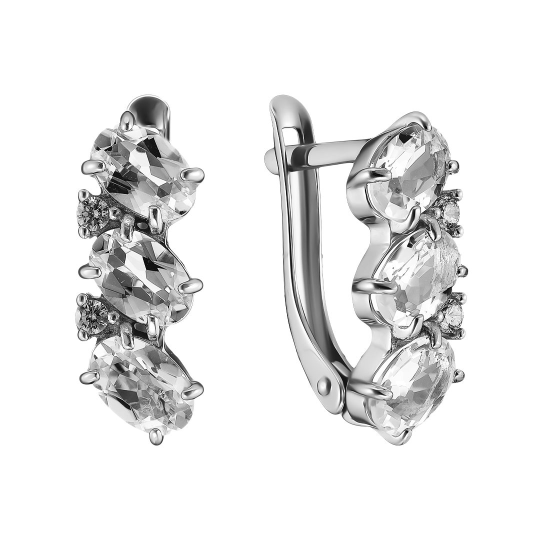 Серебряные серьги 925 пробы; вставки 6 Горный хрусталь; 4 Фианит бесцв.;