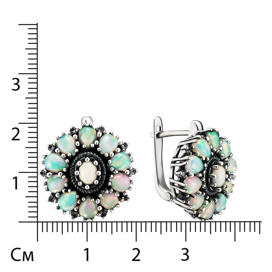 Серебряные серьги 925 пробы; оксидирование; вставки 22 Опал белый 2,65ct; 20 Топаз белый 0,2ct;