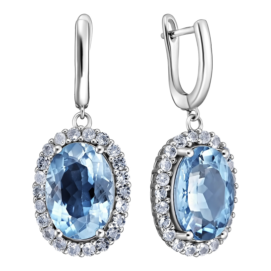 Серебряные серьги 925 пробы; вставки 2 Топаз гол. 14,35ct; 44 Топаз белый 1,7ct;