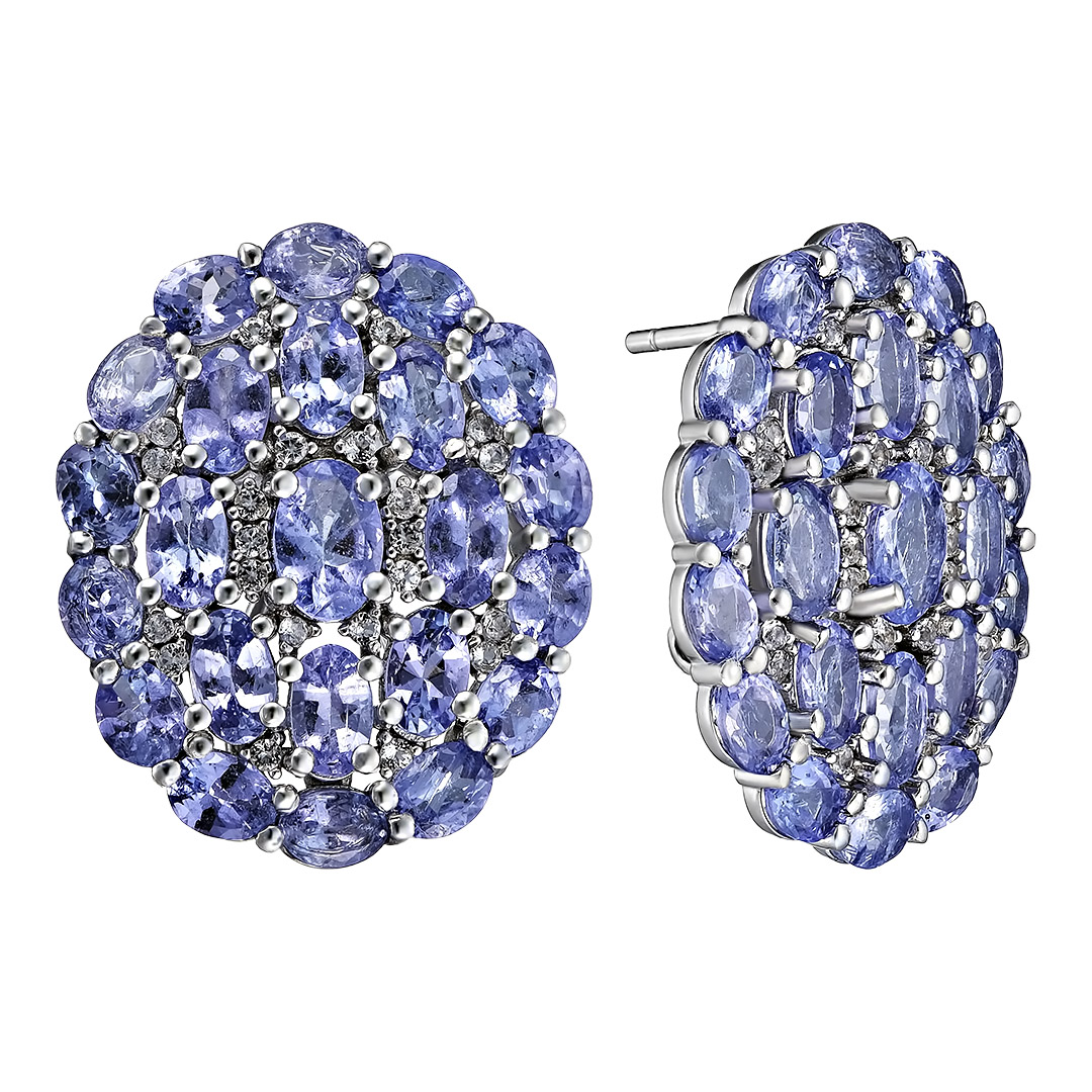 Серебряные серьги 925 пробы; вставки 46 Танзанит 10,5ct; 44 Топаз белый 0,35ct;
