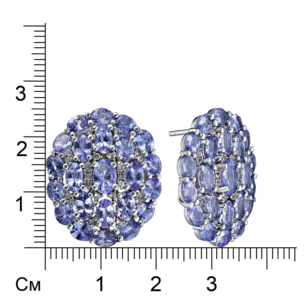 Серебряные серьги 925 пробы; вставки 46 Танзанит 10,5ct; 44 Топаз белый 0,35ct;