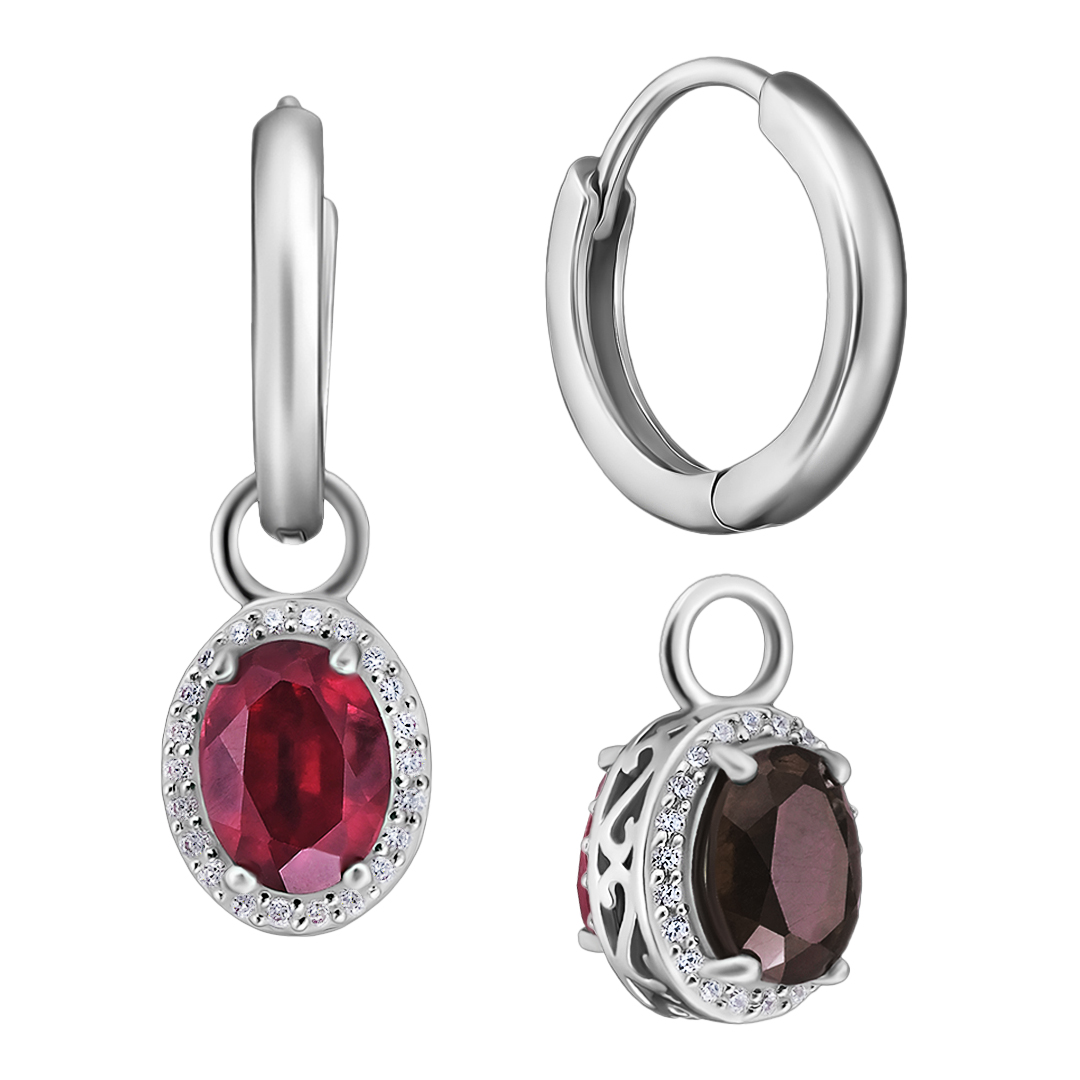 Серебряные серьги-трансформер 925 пробы; вставки 2 Рубин 3,7ct F/2; 2 Кварц дымчатый 2,2ct; 88 Куб.