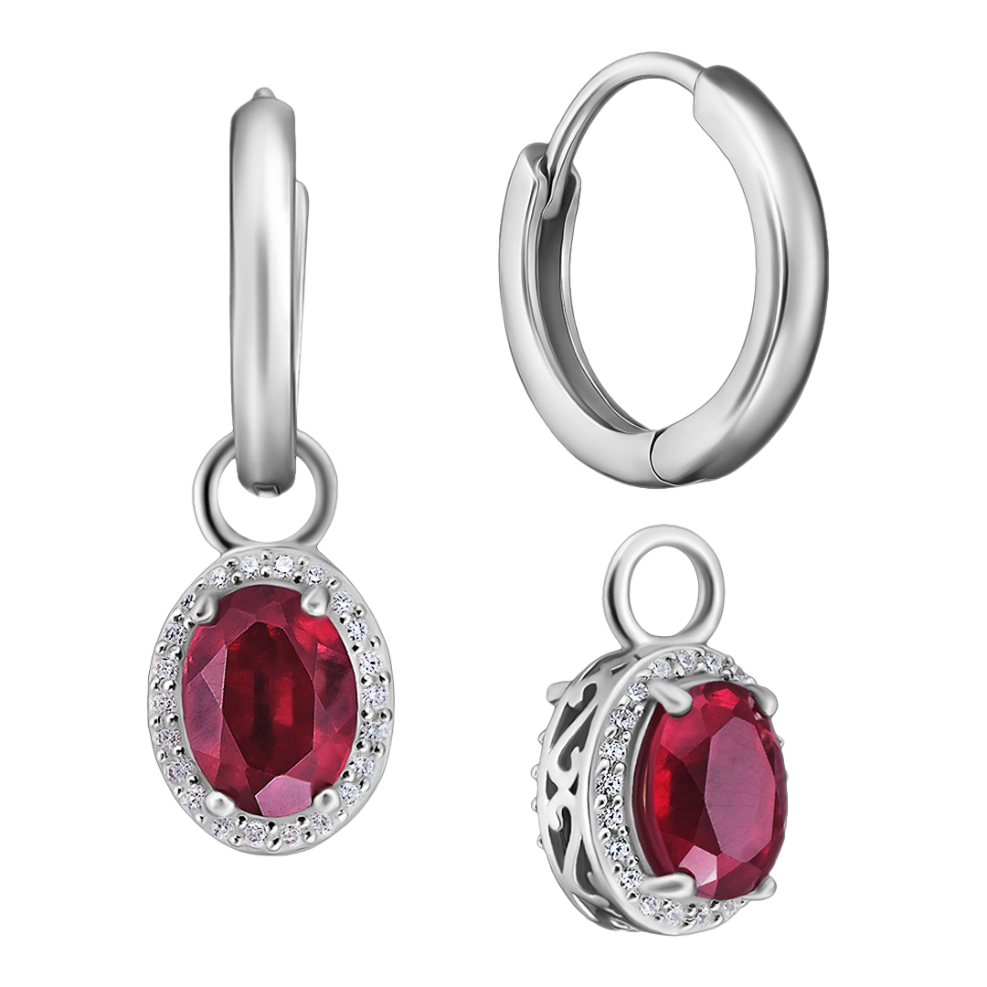 Серебряные серьги-трансформер 925 пробы; вставки 2 Рубин 3,7ct F/2; 2 Кварц дымчатый 2,2ct; 88 Куб.