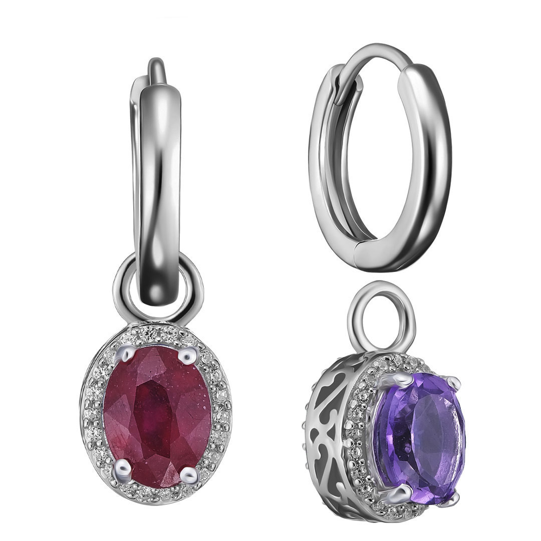 Серебряные серьги-трансформер 925 пробы; вставки 2 Рубин 3,7ct F/2; 2 Аметист 2,4ct ; 88 Куб. Циркон