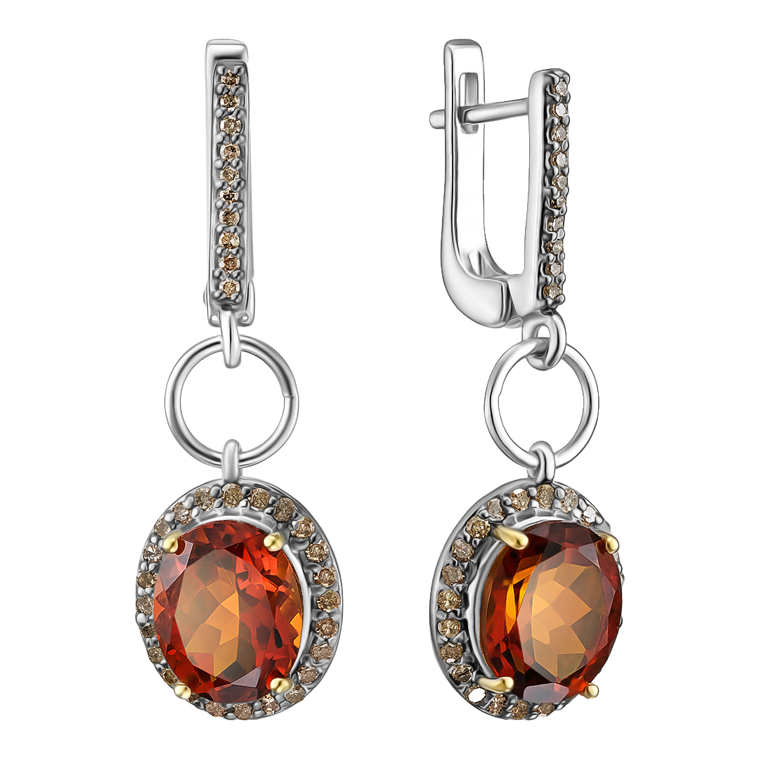 Серебряные серьги 925 пробы; вставки 64 Бр.Кр-17 3/3 0,6 ct; 2 Цитрин