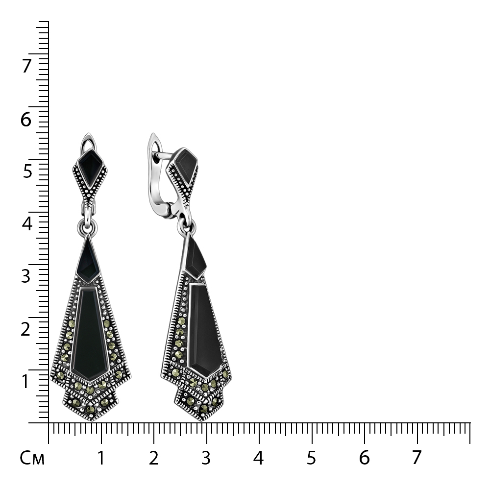 Серебряные серьги 925 пробы; оксидирование; вставки 32 Марказит; 6 Оникс черный;