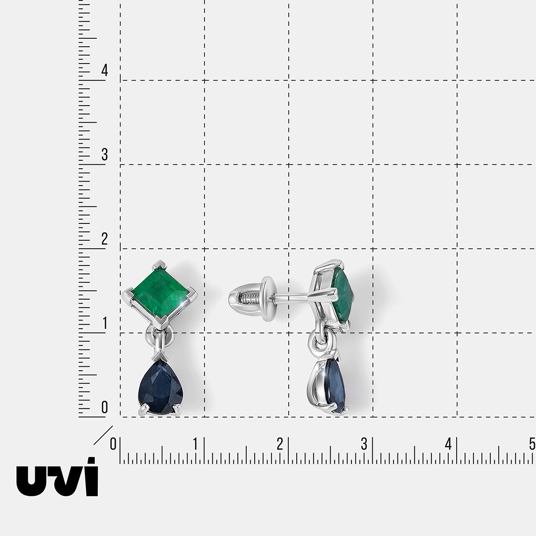 Серьги-пусеты из белого золота с изумрудами и сапфирами