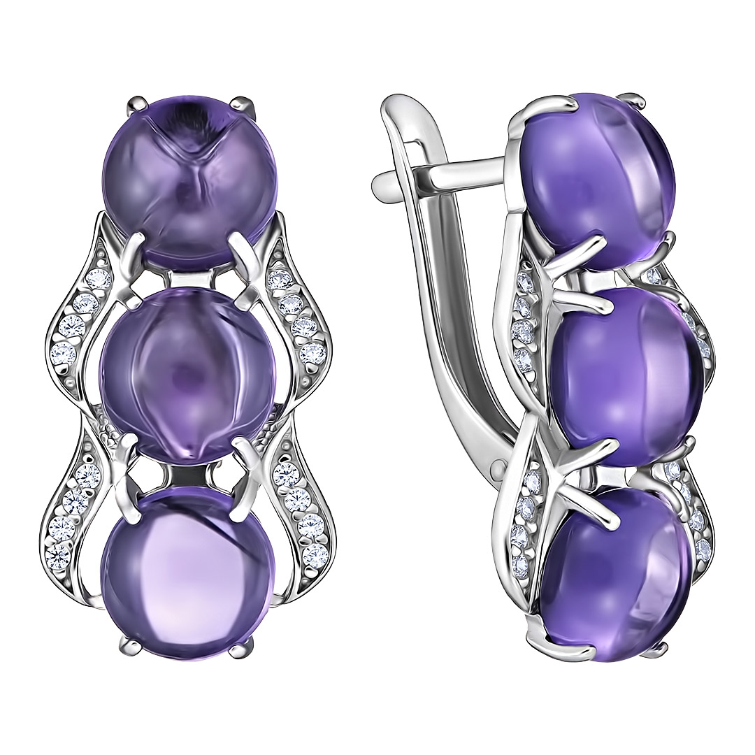 Серебряные серьги 925 пробы; вставки 6 Аметист; 32 Фианит бесцв.;