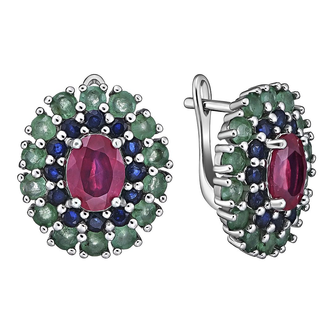 Серебряные серьги 925 пробы; вставки 2 Рубин F/2 3,2ct; 28 Изумруд (F) 4/Г3 2,35ct (Бразилия); 24 Са