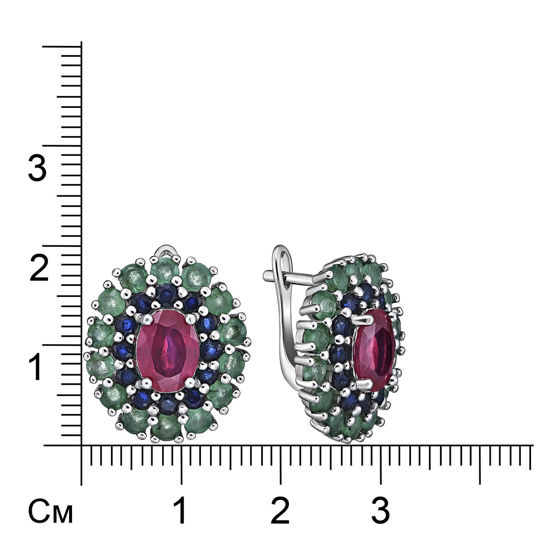 Серебряные серьги 925 пробы; вставки 2 Рубин F/2 3,2ct; 28 Изумруд (F) 4/Г3 2,35ct (Бразилия); 24 Са