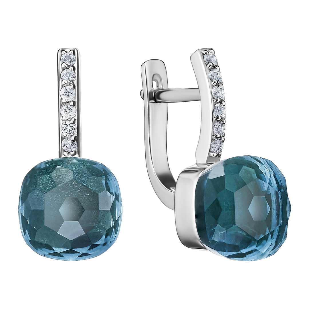 Серебряные серьги 925 пробы; вставки 2 Кварц; 12 Топаз белый;