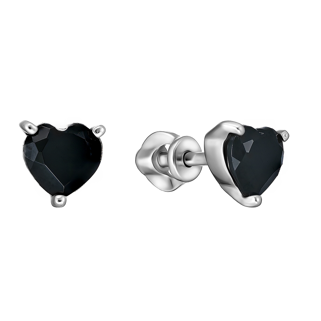 Серебряные серьги-пусеты с черными турмалинами "Сердца"