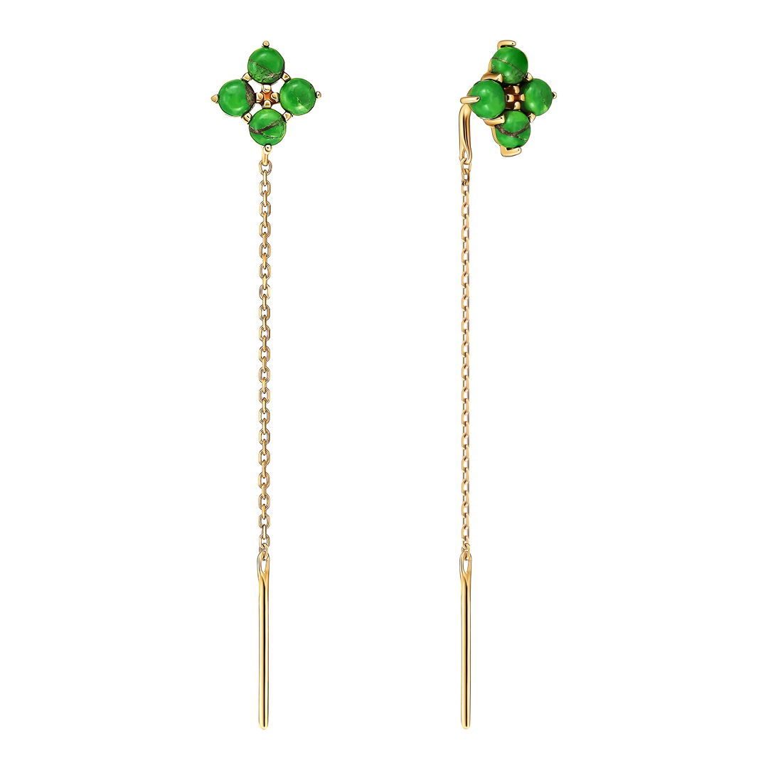 Серьги-протяжки из золота с зеленой бирюзой "Клевер"
