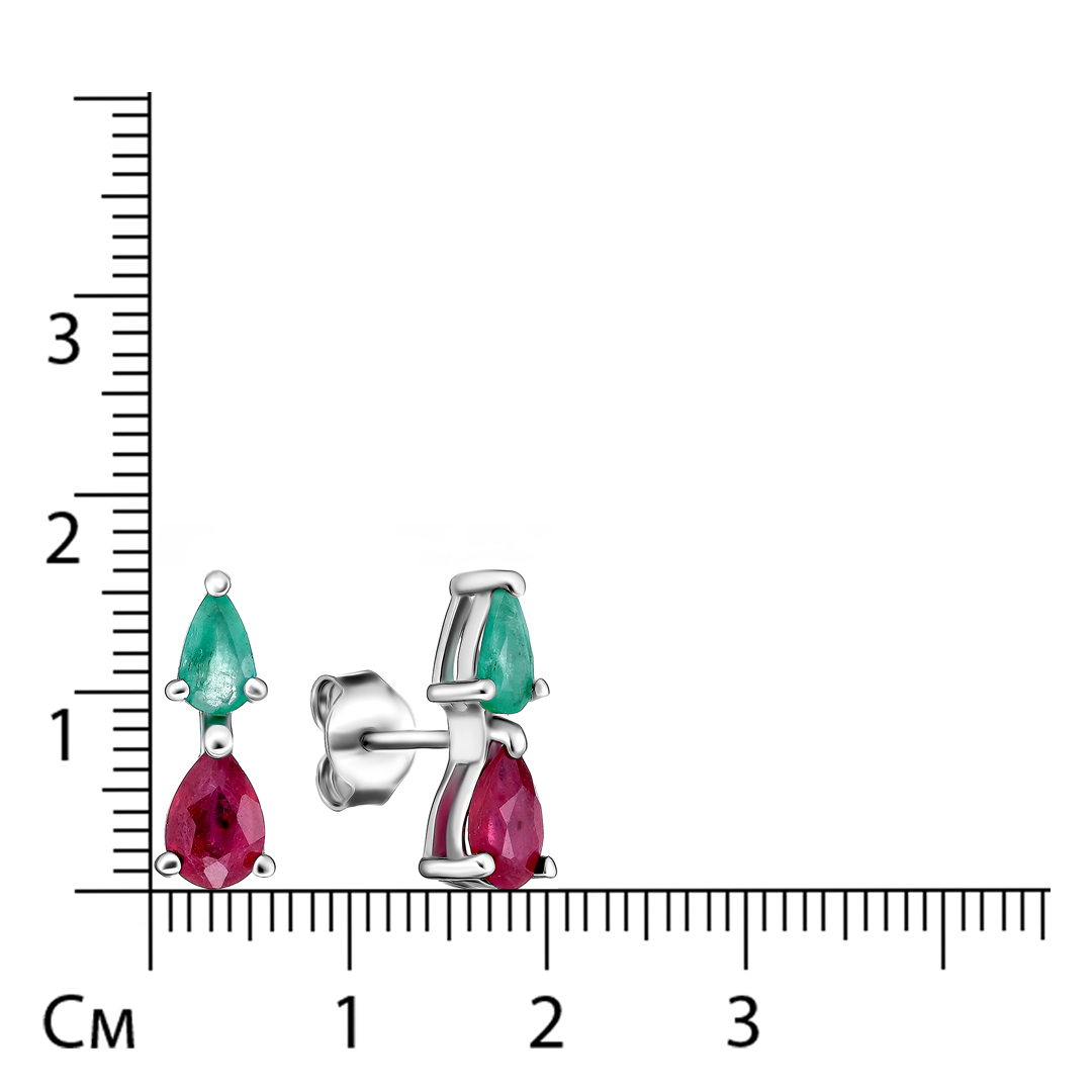 Серебряные серьги-пусеты с изумрудами и рубинами