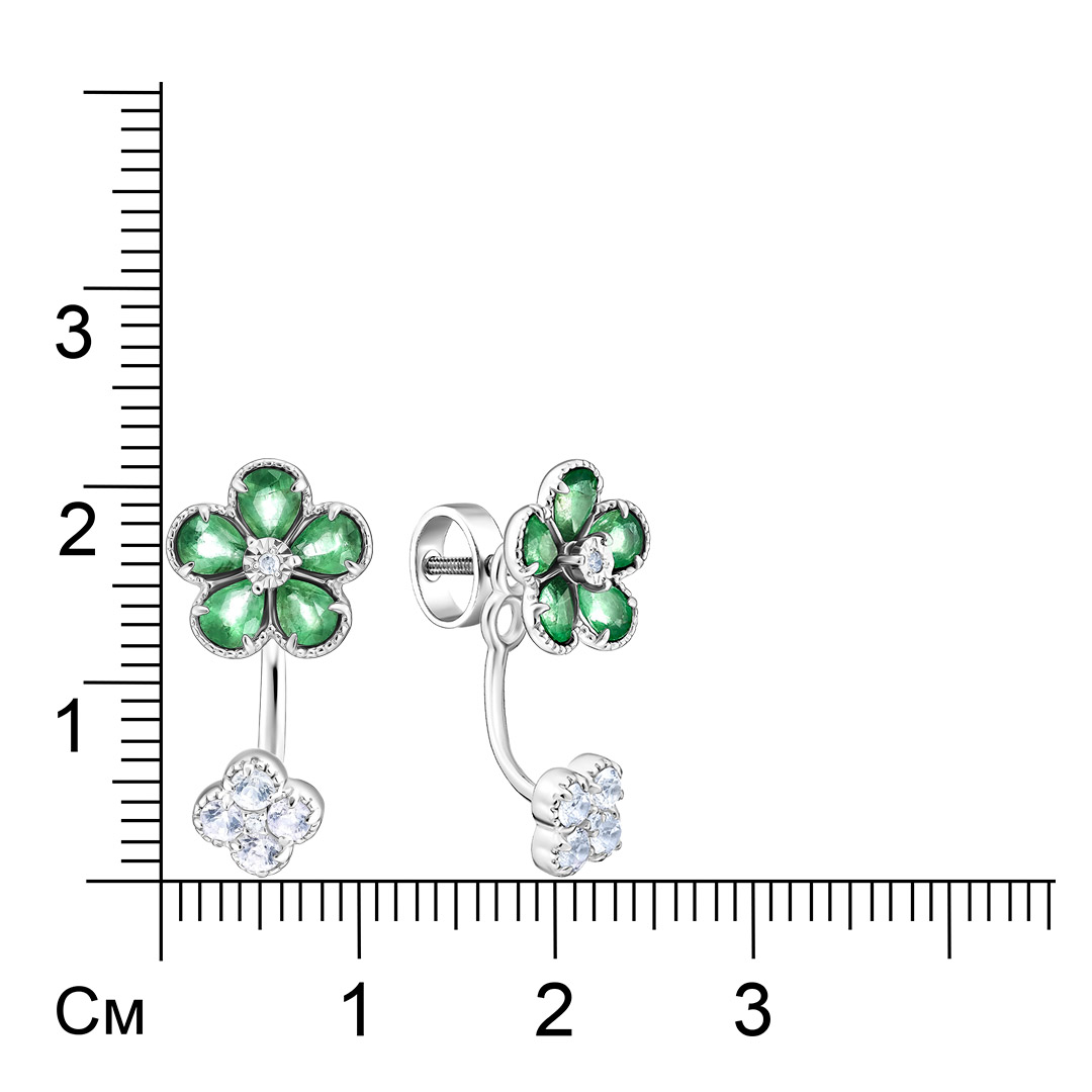 Серьги-трансформеры из белого золота с изумрудами "Цветы"