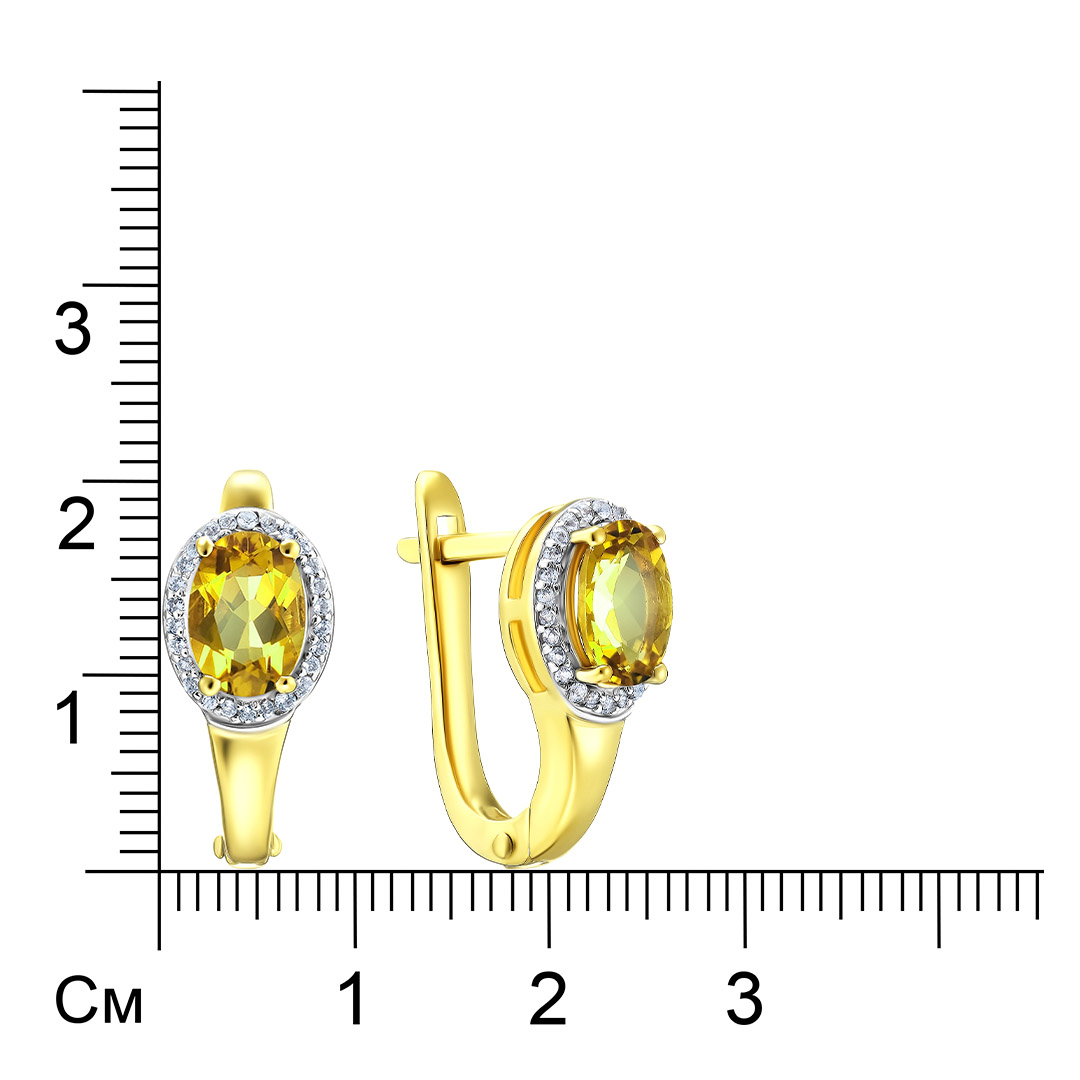 Серебряные серьги 925 пробы; вставки 2 Гелиодор 1,36ct; 52 Топаз белый 0,13ct;