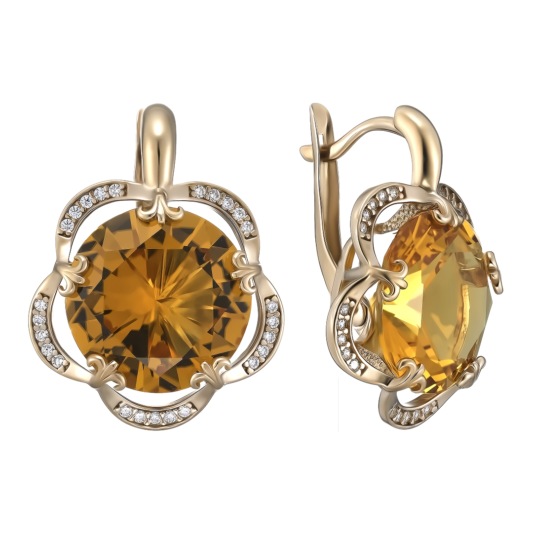 Серебряные серьги 925 пробы; вставки 2 Цитрин; 50 Фианит бесцв.;