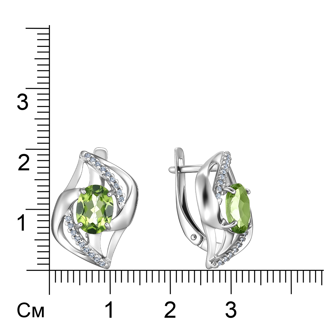 Серебряные серьги 925 пробы; вставки 2 Хризолит; 36 Фианит бесцв.;
