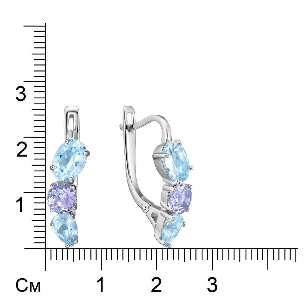 Серебряные серьги 925 пробы; вставки 4 Топаз Sky 2,9ct; 2 Танзанит 1ct;