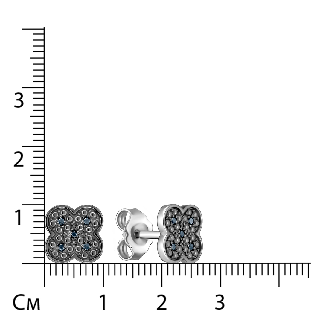 Серебряные серьги-пусеты с черными бриллиантами "Клевер"