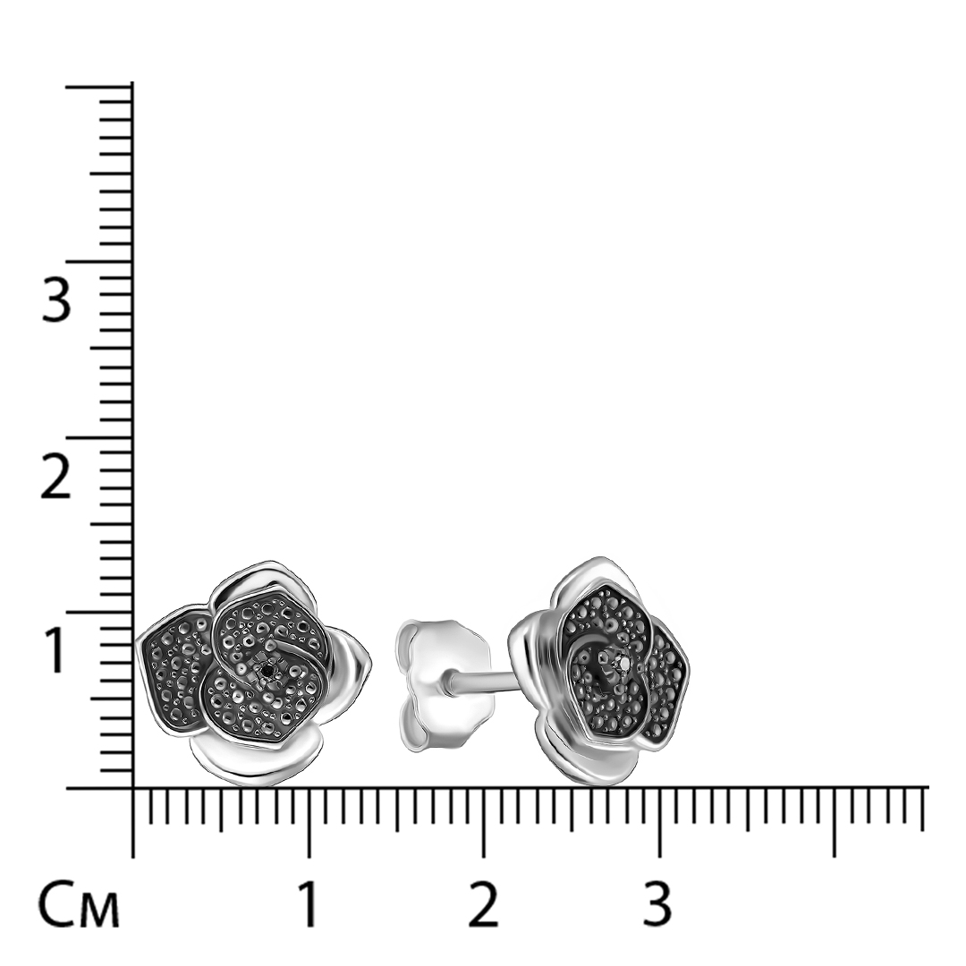 Серебряные серьги-пусеты с черными бриллиантами "Розы"