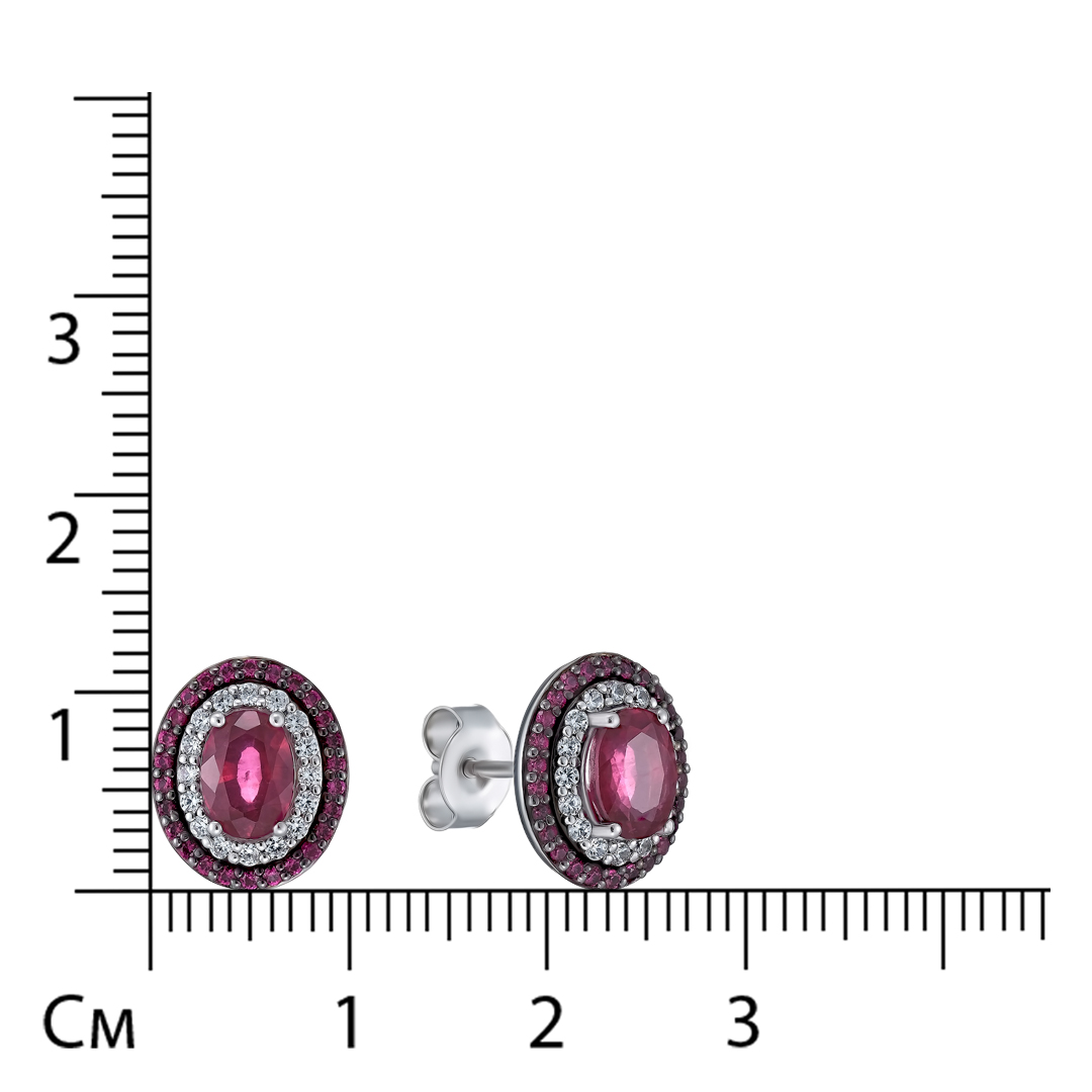 Серебряные серьги-пусеты 925 пробы; родий (бел., черн.); вставки 2 Рубин F/2 1,43ct; Россыпь Циркон