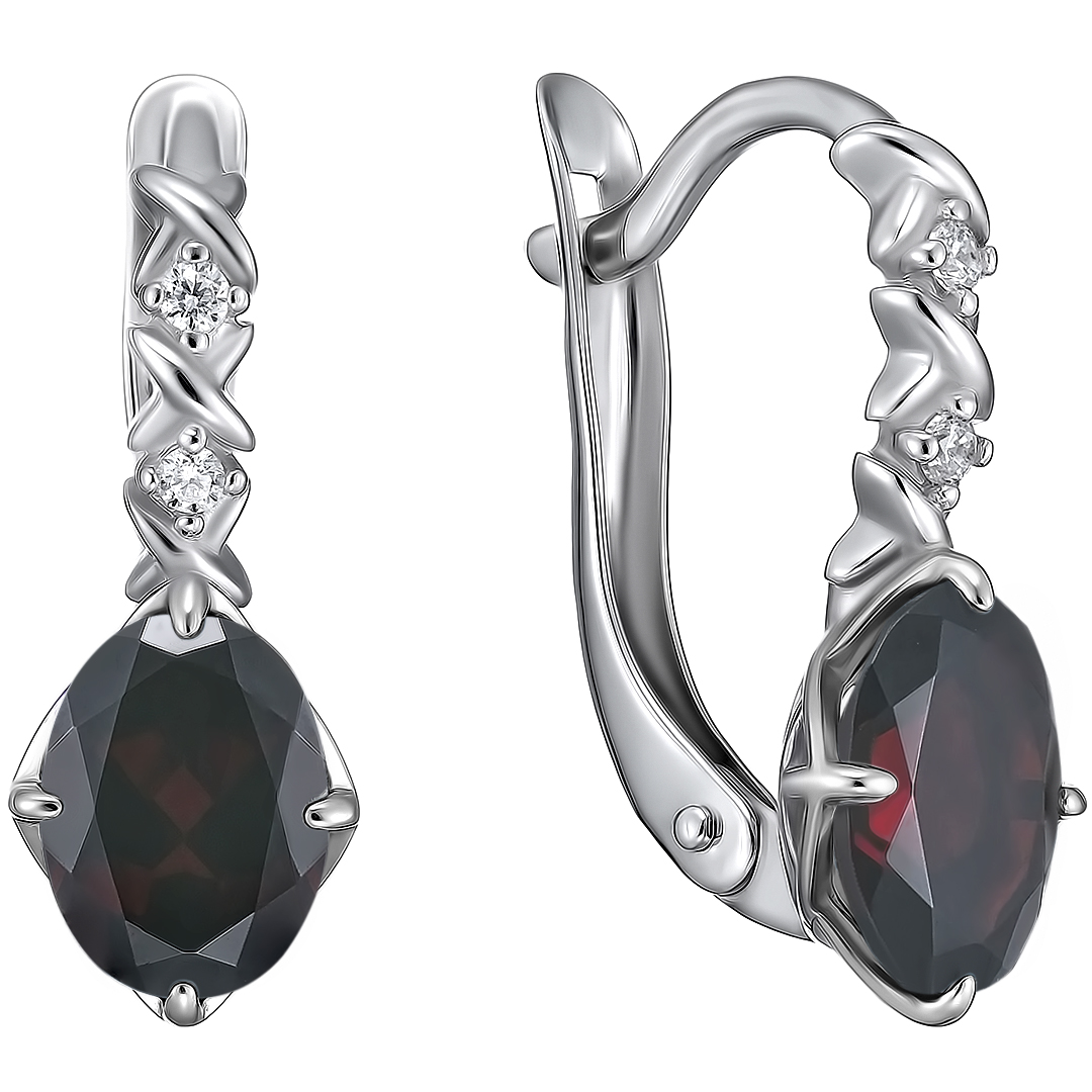 Серебряные серьги 925 пробы; вставки 2 Гранат; 4 Фианит бесцв.;