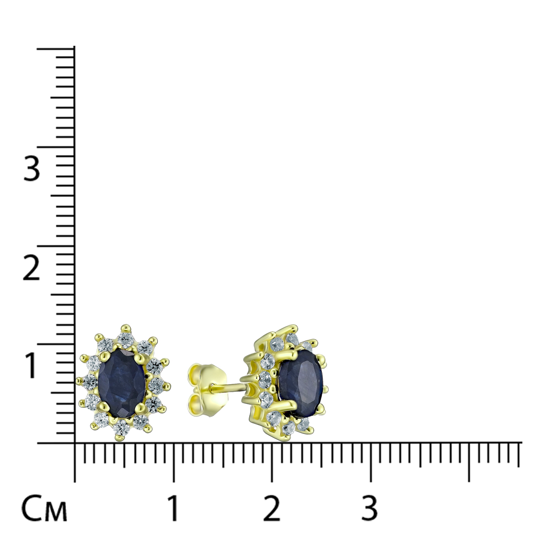 Серебряные серьги-пусеты 925 пробы; вставки 2 Сапфир F/2 1,35ct; Россыпь Циркон бесцв. 0,55ct;