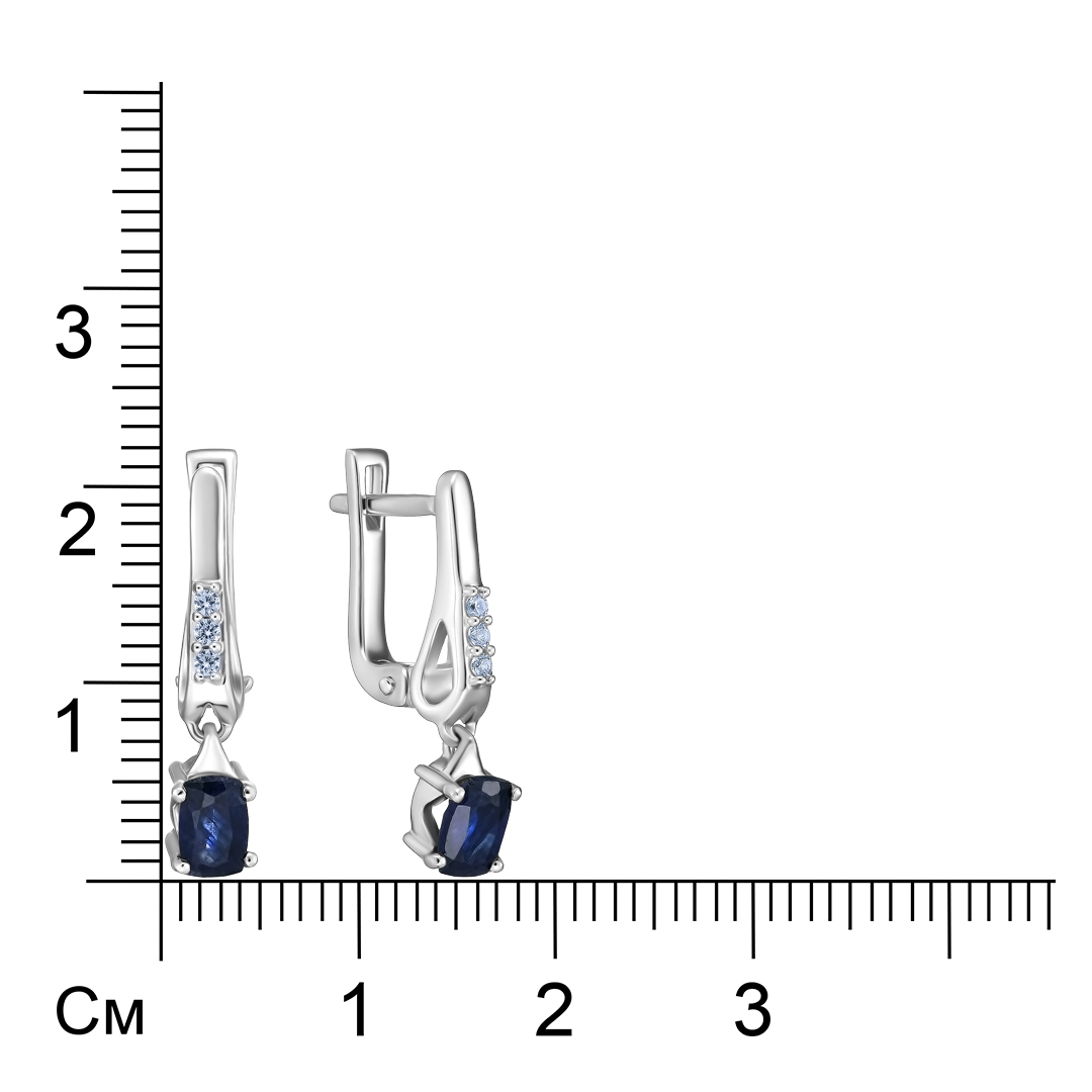 Серебряные серьги 925 пробы; вставки 2 Сапфир 1,55 ct F/2; 6 Циркон бесц. 0,15ct;