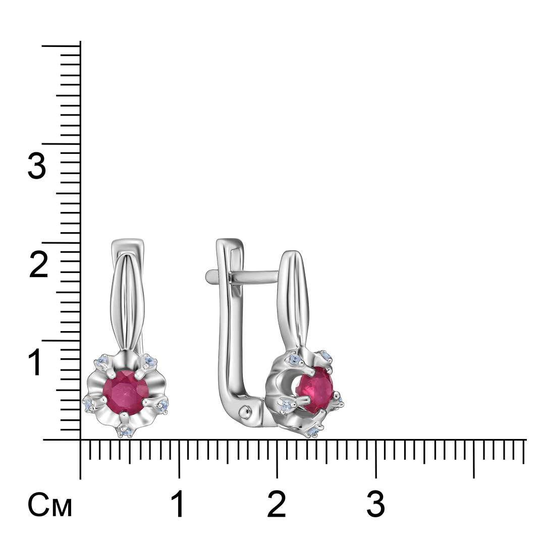 Серебряные серьги 925 пробы; вставки 2 Рубин F/2 0,9ct; Россыпь Циркон бесцв. 0,2ct;