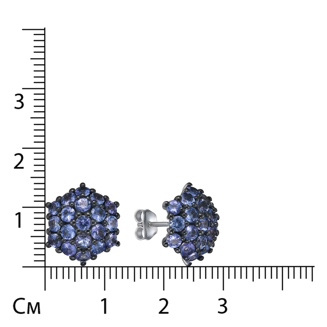 Серебряные серьги-пусеты 925 пробы; родий (бел., черн.); вставки Россыпь Танзанит 3,05 ct;