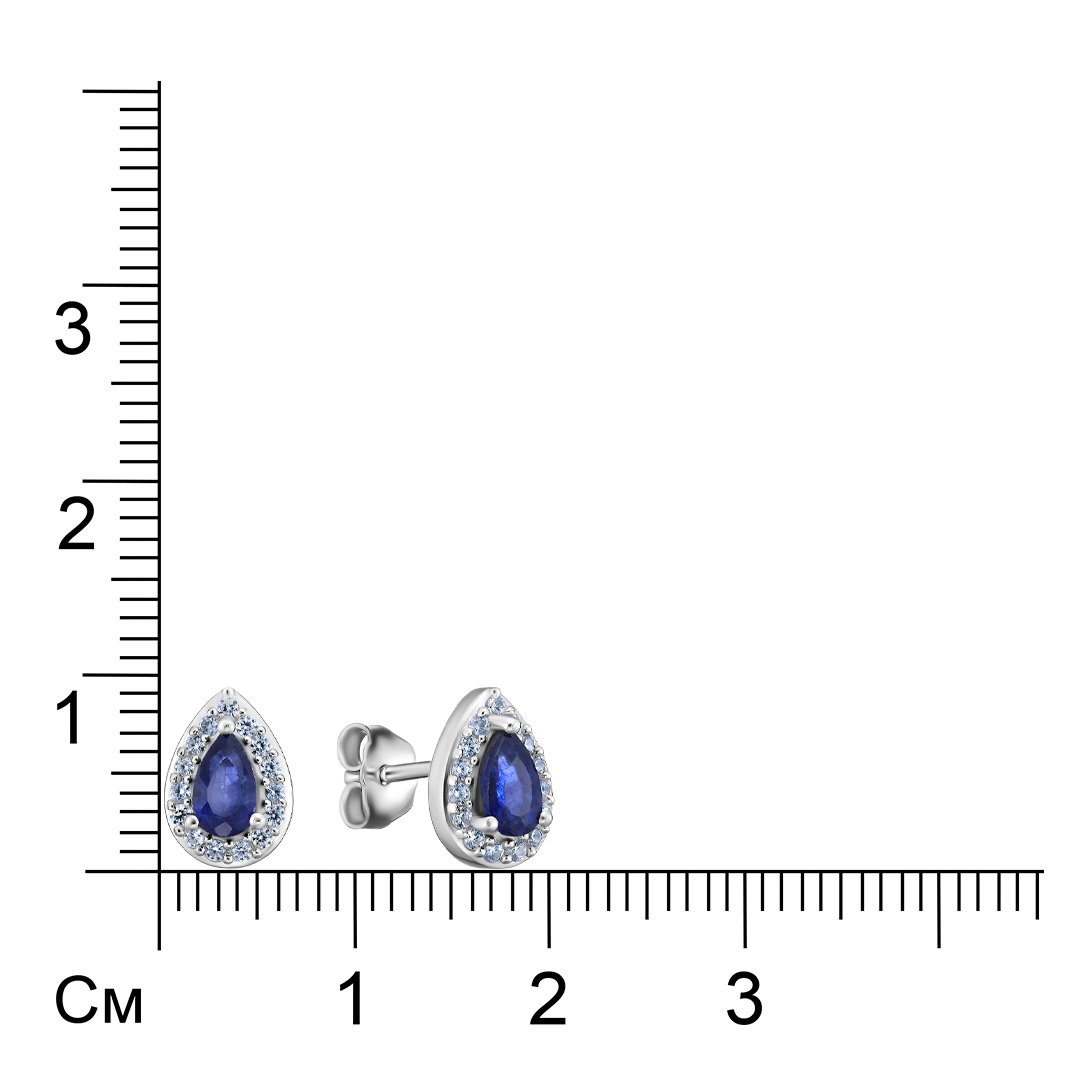 Серебряные серьги-пусеты 925 пробы; вставки 2 Сапфир 0,62ct F/2; Россыпь Циркон бесцв. 0,21ct;