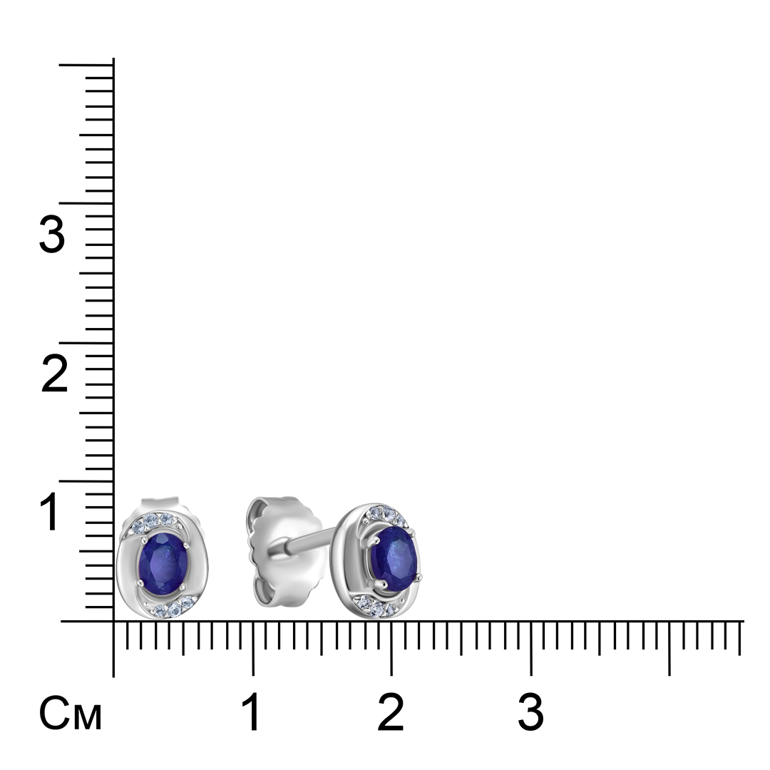 Серебряные серьги-пусеты 925 пробы; вставки 2 Сапфир 0,44 ct F/2; 12 Топаз бел. 0,04 ct;