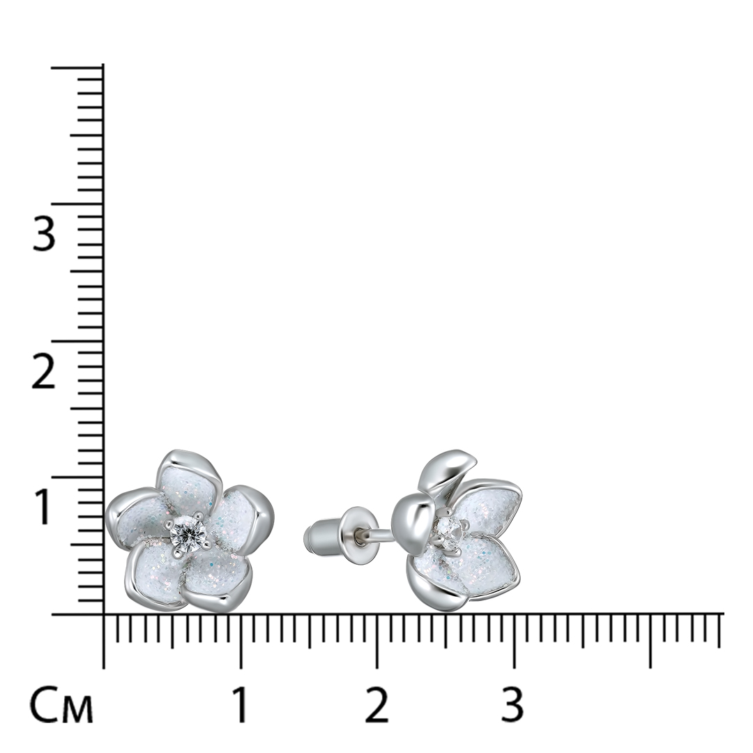 Серебряные серьги-пусеты 925 пробы; вставки 2 Фианит бесцв.; Глиттер белый;