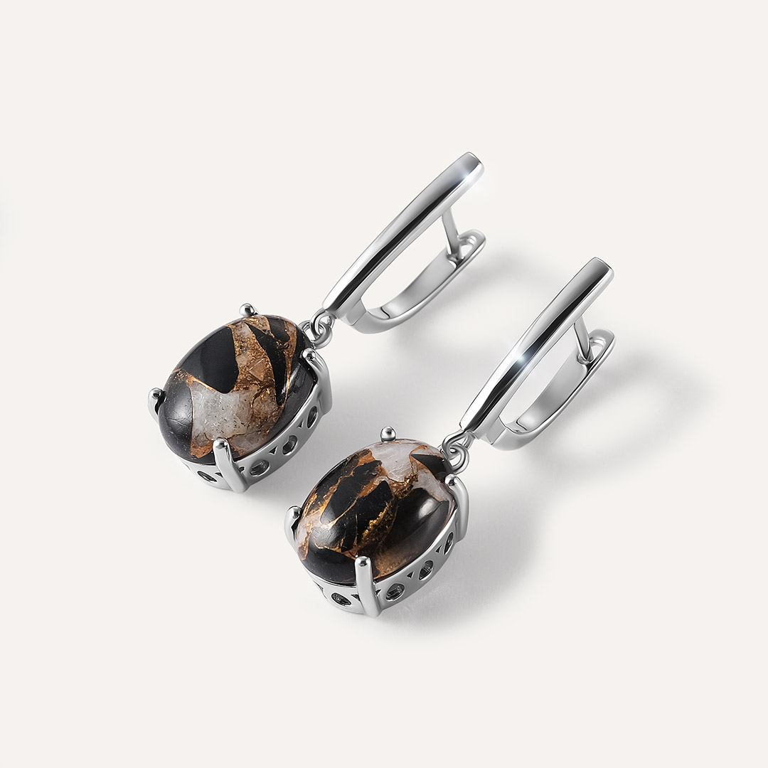 Серебряные серьги с обсидианом и кальцитом