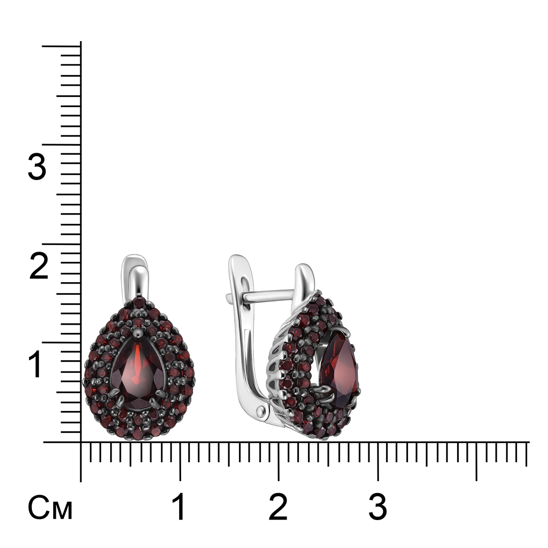 Серебряные серьги 925 пробы; родий (бел., черн.); вставки Россыпь Гранат чешский;