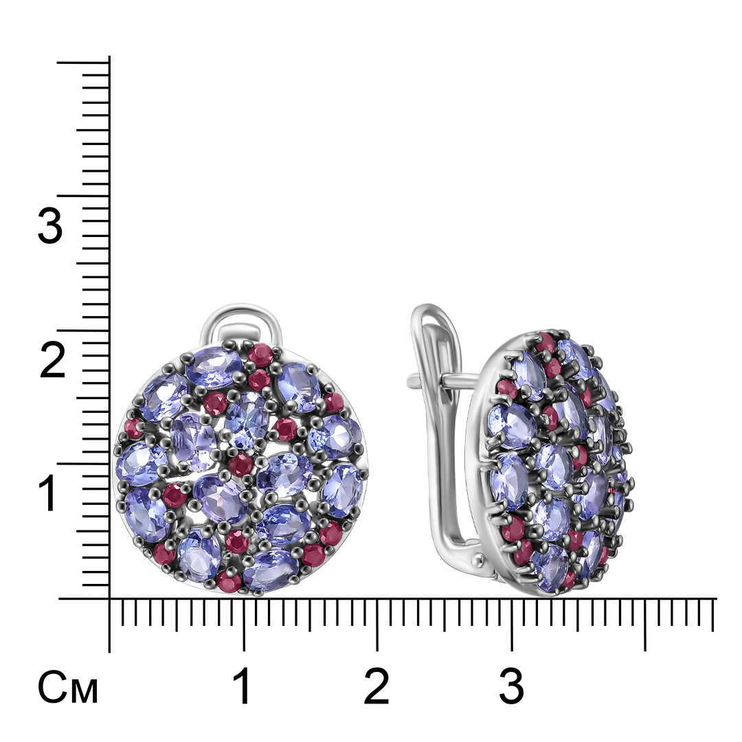 Серебряные серьги с танзанитами и рубинами